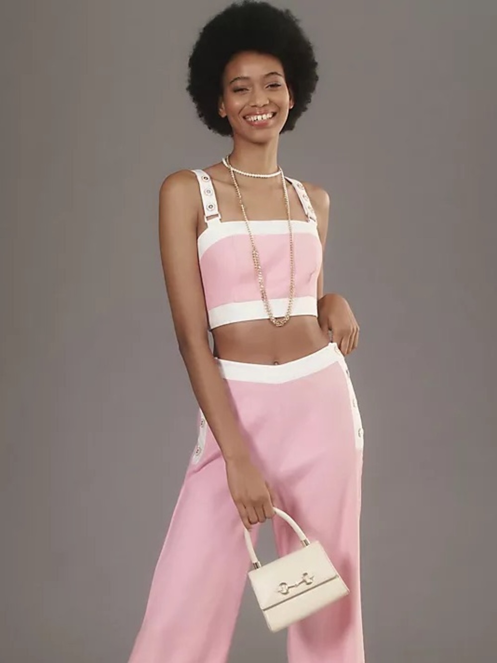 Anthropologie Maeve Square-Neck pink-white button Cropped Linen Tank Top - Picture 6 of 10
